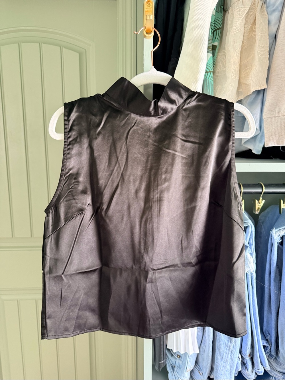 Sleeveless Satin Mock-Neck Top - Black
